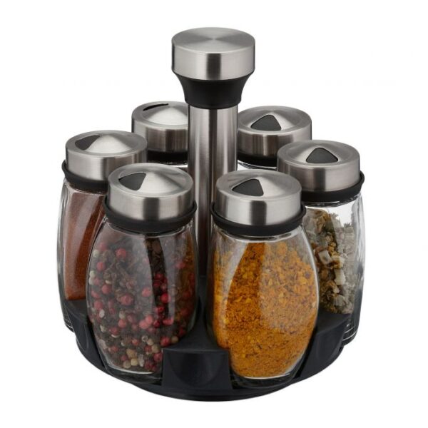 Prieskonių stovas su 6 skaidrių stiklinių 17x16cm., juodos/sidabrinės spalvos