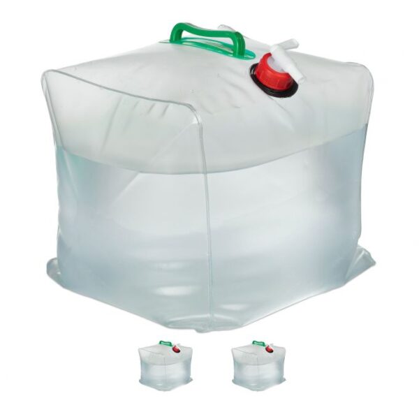 Rinkinys iš 3 sulankstomų skaidrių vandens kanistrų su maišytuvu 30x27x27cm., žalios/raudonos spalvos