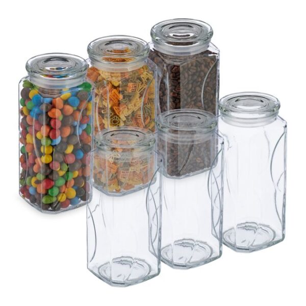 Rinkinys iš 6 skaidrių indelių biriems produktams 22,5x9,5x9,5cm, 1.3L.