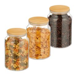 Rinkinys iš 3 skaidrių indelių biriems produktams 18x12cm, 1.5L, šviesiai rudos spalvos