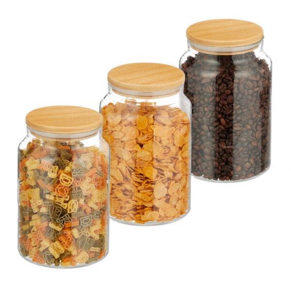 Rinkinys iš 3 skaidrių indelių biriems produktams 18x12cm, 1.5L, šviesiai rudos spalvos