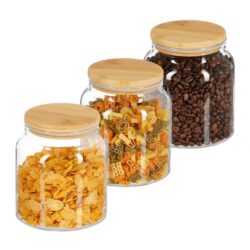 Rinkinys iš 3 skaidrių indelių biriems produktams 14x12cm, 1L, šviesiai rudos spalvos