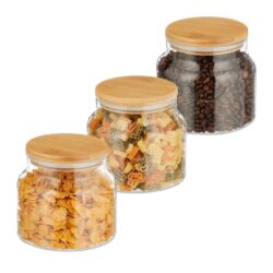 Rinkinys iš 3 skaidrių indelių biriems produktams 11x12cm, 0.8L, šviesiai rudos spalvos