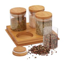 Rinkinys iš 4 prieskonių indelių ir stovo 12x21x21cm., šviesiai rudos spalvos