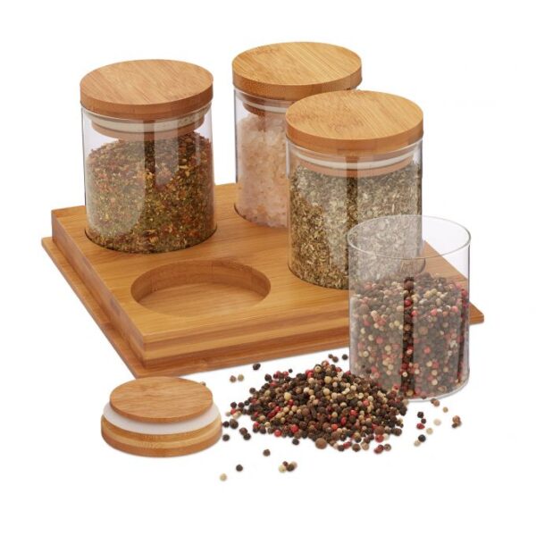 Rinkinys iš 4 prieskonių indelių ir stovo 12x21x21cm., šviesiai rudos spalvos