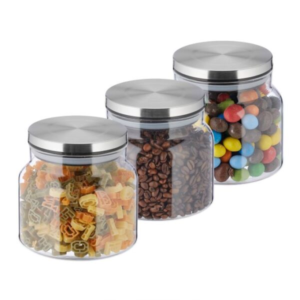 Rinkinys iš 3 skaidrių indelių biriems produktams 11x12cm, 0.85L., sidabrinės spalvos