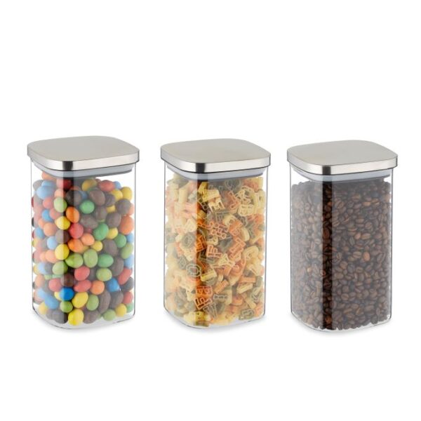 Rinkinys iš 3 skaidrių indelių biriems produktams 18x10,5x10,5cm, 1.2L., sidabrinės spalvos