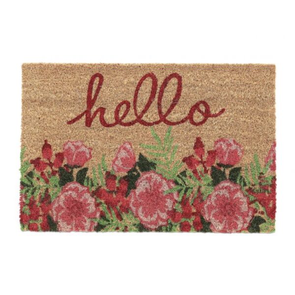 Durų kilimėlis "Hello" su gėlėm 60x40 cm., šviesiai rudos spalvos
