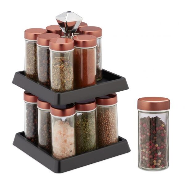 Prieskonių stovas su 16 skaidrių stiklinių 26x16x16cm., vario/juodos spalvos