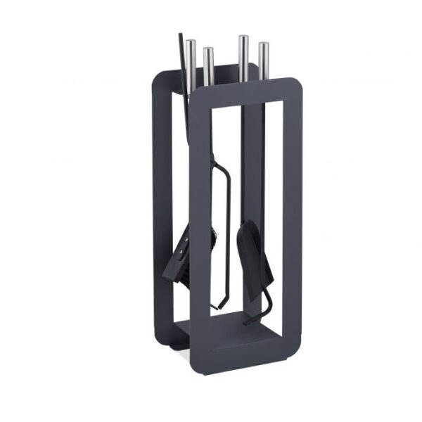 Rinkinys iš 4 židinio įrankių ir stovo 60x22,5x16cm., tamsiai pilkos/juodos/sidabrinės spalvos