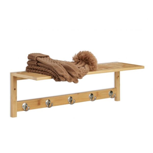 Sieninė lentyna su kabliukais 18x62x16cm., šviesiai rudos/sidabrinės spalvos