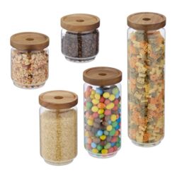 Rinkinys iš 5 skaidrių indelių biriems produktams, šviesiai rudos spalvos