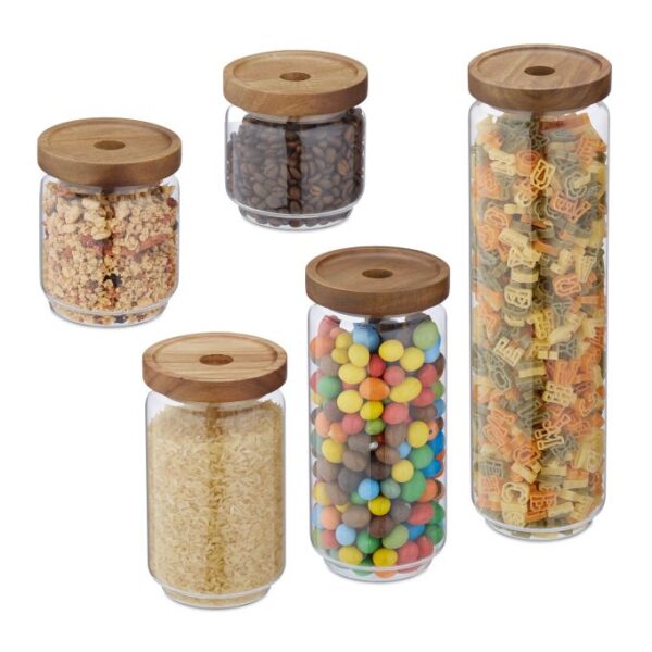 10044506_0_1_0635c5d6da446ad11bb400a17a2160a3.jpg Rinkinys iš 5 skaidrių indelių biriems produktams, šviesiai rudos spalvos