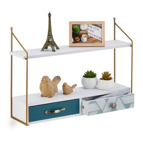 Svetainės sieninė lentyna su 2 skyriais 42,5x60x16,5cm., baltos/auksinės/tamsiai mėtinės spalvos