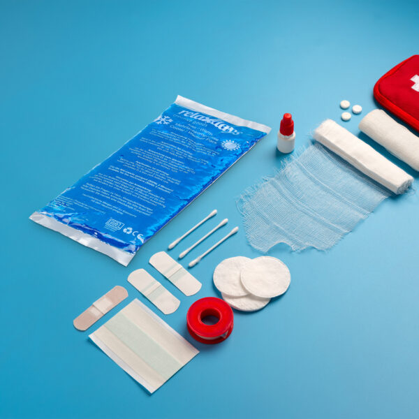 Flat lay Medicines and devices for first aid, bandages, painkill