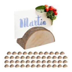 Rinkinys iš 48 medinių kortelių/vizitinių laikiklių 3x5–7x3 cm., šviesiai rudos/rudos spalvos