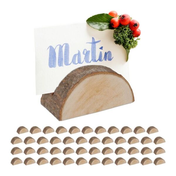 Rinkinys iš 48 medinių kortelių/vizitinių laikiklių 3x5–7x3 cm., šviesiai rudos/rudos spalvos