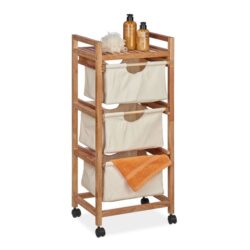 Vonios lentyna ant ratukų su skalbinių krepšeliu 96x43,5x33,5cm., šviesiai rudos/smėlio/juodos spalvos