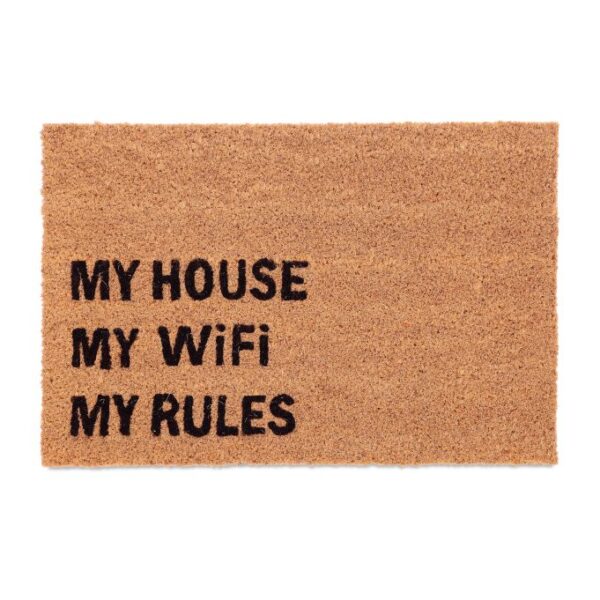 Durų kilimėlis "My house, My wifi, My Rules“ 60x40 cm., šviesiai rudos/juodos spalvos
