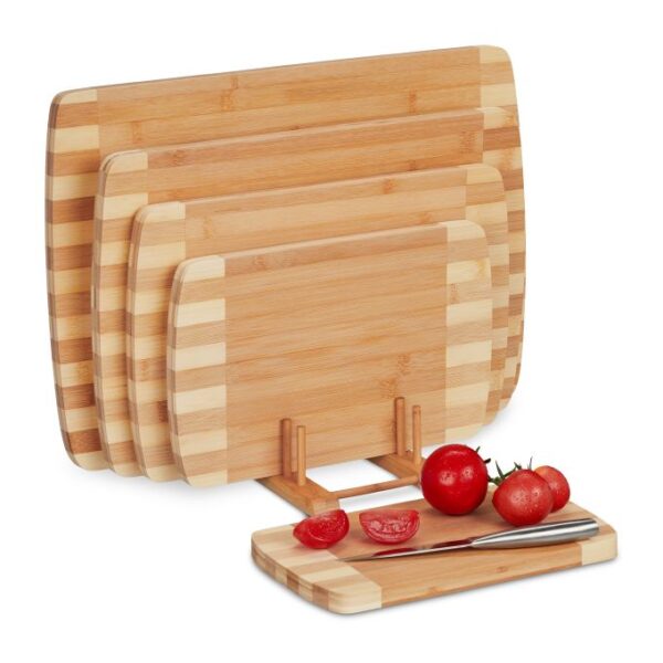 Rinkinys iš 5 pjaustymo lentelių ir stovu, šviesiai rudos spalvos