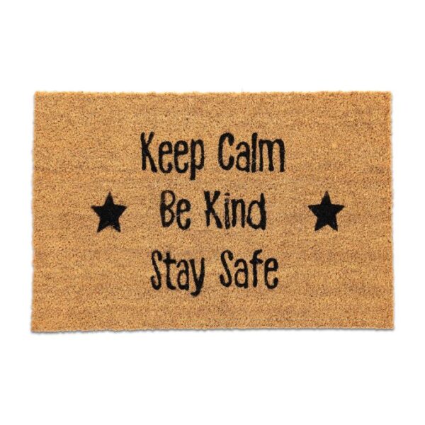 Durų kilimėlis "Keep calm, Be kind, Stay safe" 60x40 cm., šviesiai rudos/juodos spalvos