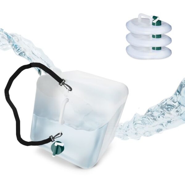 Rinkinys iš 4 sulankstomų skaidrių vandens kanistrų su maišytuvu 32x27x27cm., tamsiai žalios/juodos spalvos