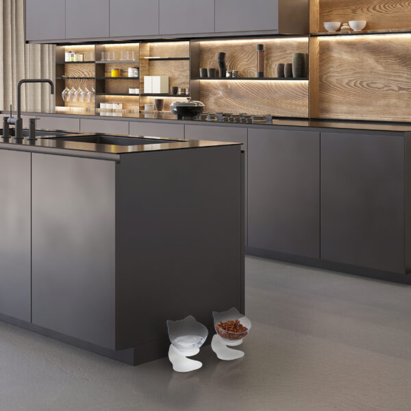 3d render of a modern contemporary minimalist kitchen with satin