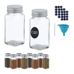 Rinkinys iš 10 skaidrių prieskonių indelių 11x4x4cm., sidabrinės spalvos