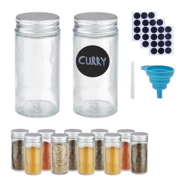 Rinkinys iš 12 skaidrių prieskonių indelių 9,5x4cm., sidabrinės spalvos