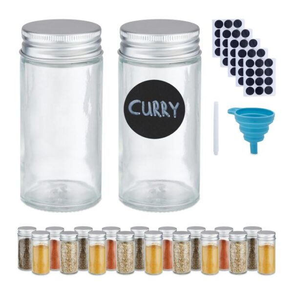 10046843_683_1_ac997b22e3a9403c875a7e3887aa5b3f.jpg Rinkinys iš 20 skaidrių prieskonių indelių 9,5x4cm., sidabrinės spalvos