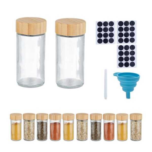 Rinkinys iš 12 skaidrių prieskonių indelių 9,5x4,5cm., šviesiai rudos spalvos