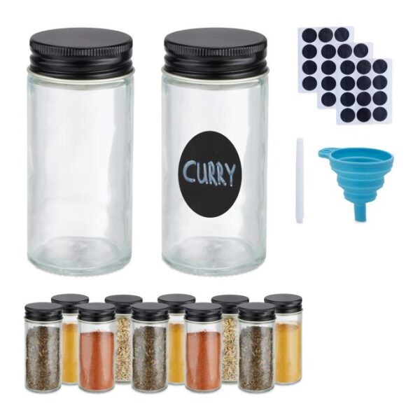 Rinkinys iš 12 skaidrių prieskonių indelių 9,5x4,5cm., juodos spalvos