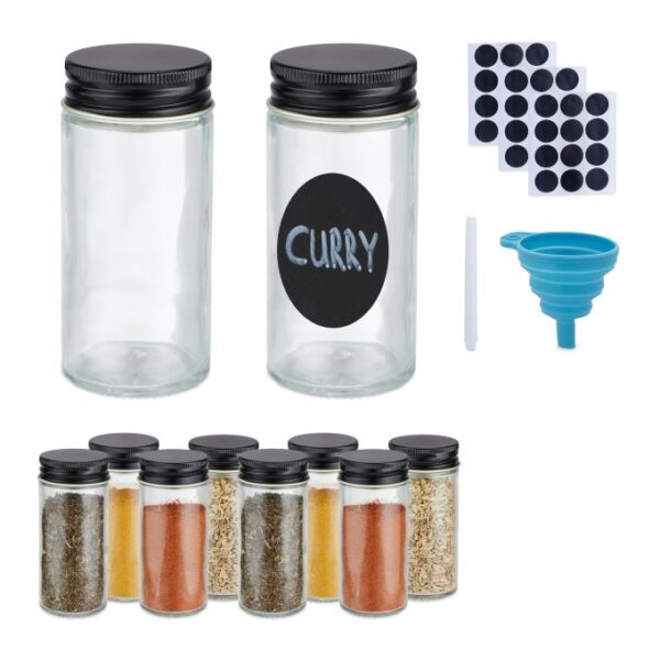 Rinkinys iš 10 skaidrių prieskonių indelių 9,5x4,5cm., juodos spalvos