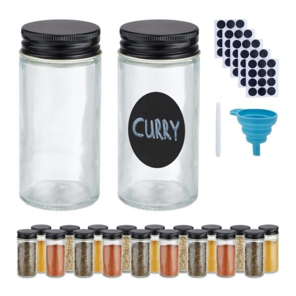 Rinkinys iš 20 skaidrių prieskonių indelių 9,5x4,5cm., juodos spalvos