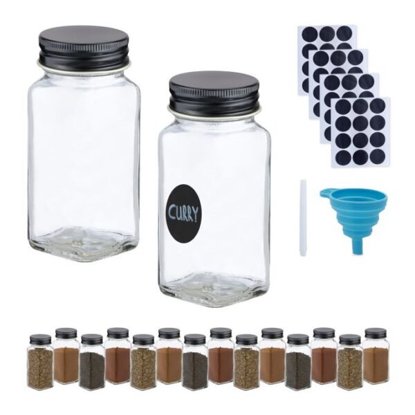 Rinkinys iš 16 skaidrių prieskonių indelių 10,5x4,5x4,5cm., juodos spalvos