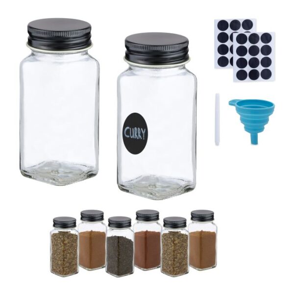 Rinkinys iš 8 skaidrių prieskonių indelių 10,5x4,5x4,5cm., juodos spalvos