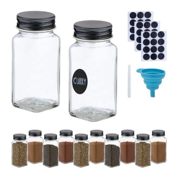 Rinkinys iš 12 skaidrių prieskonių indelių 10,5x4,5x4,5cm., juodos spalvos