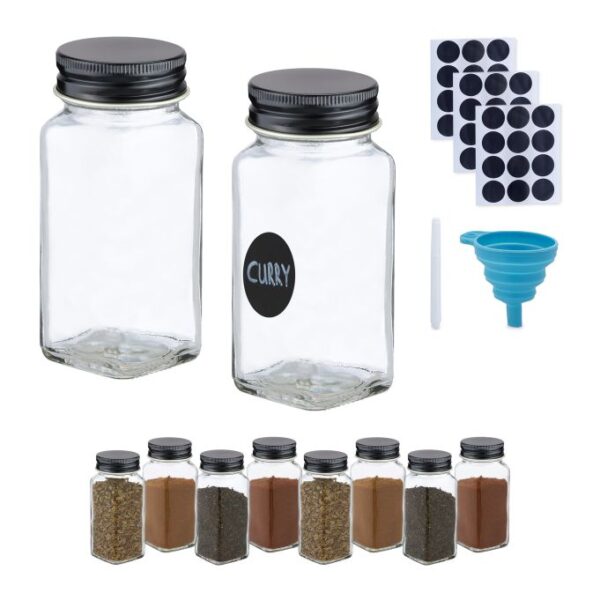 Rinkinys iš 10 skaidrių prieskonių indelių 10,5x4,5x4,5cm., juodos spalvos