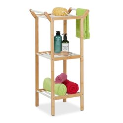 Vonios lentyna su 3 lentynomis ir rankšluosčių laikikliu 85x41,5x30cm., šviesiai rudos/baltos spalvos