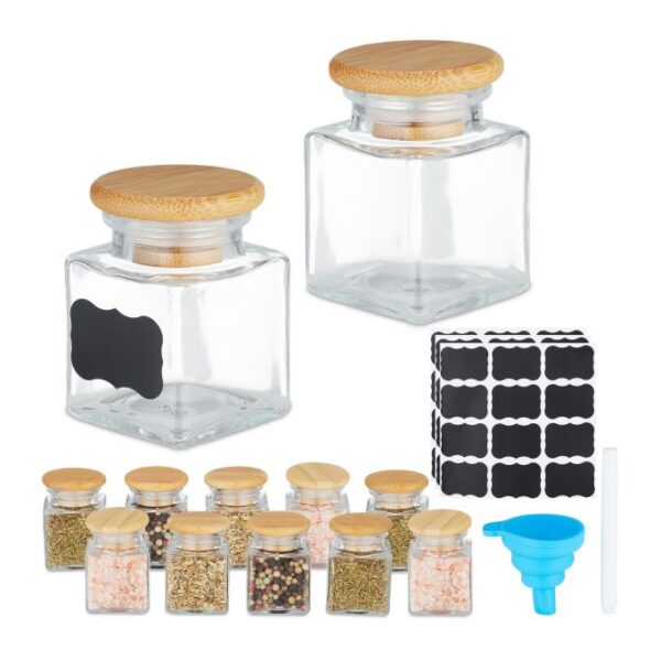 Rinkinys iš 12 skaidrių prieskonių indelių 6x4,5x4,5cm., šviesiai rudos spalvos