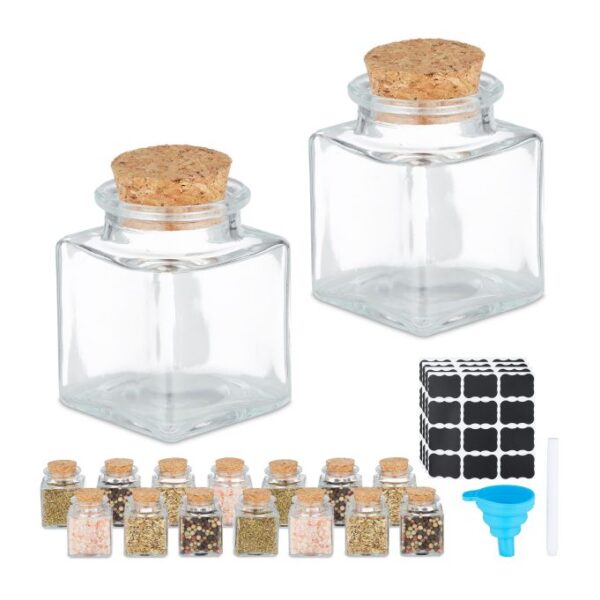 Rinkinys iš 14 skaidrių prieskonių indelių 6x4,5x4,5cm., šviesiai rudos spalvos