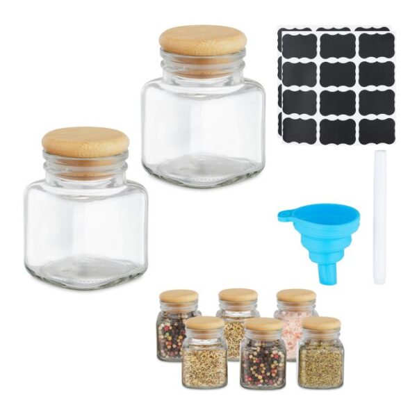 Rinkinys iš 8 skaidrių prieskonių indelių 7,5x5x5cm., šviesiai rudos spalvos