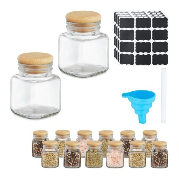 Rinkinys iš 14 skaidrių prieskonių indelių 7,5x5x5cm., šviesiai rudos spalvos