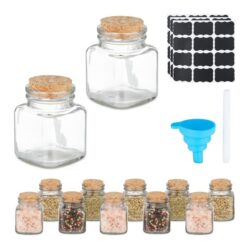 Rinkinys iš 12 skaidrių prieskonių indelių 7x5x5cm., šviesiai rudos spalvos