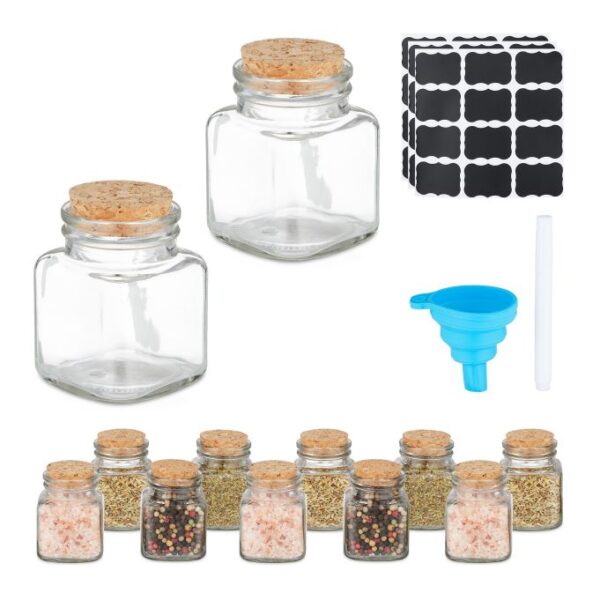 Rinkinys iš 12 skaidrių prieskonių indelių 7x5x5cm., šviesiai rudos spalvos