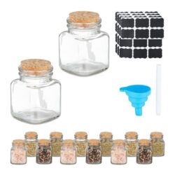 Rinkinys iš 14 skaidrių prieskonių indelių 7x5x5cm., šviesiai rudos spalvos