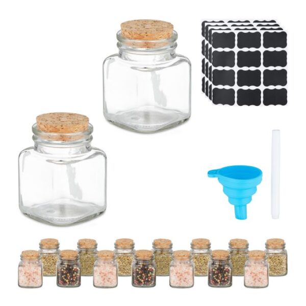 Rinkinys iš 16 skaidrių prieskonių indelių 7x5x5cm., šviesiai rudos spalvos