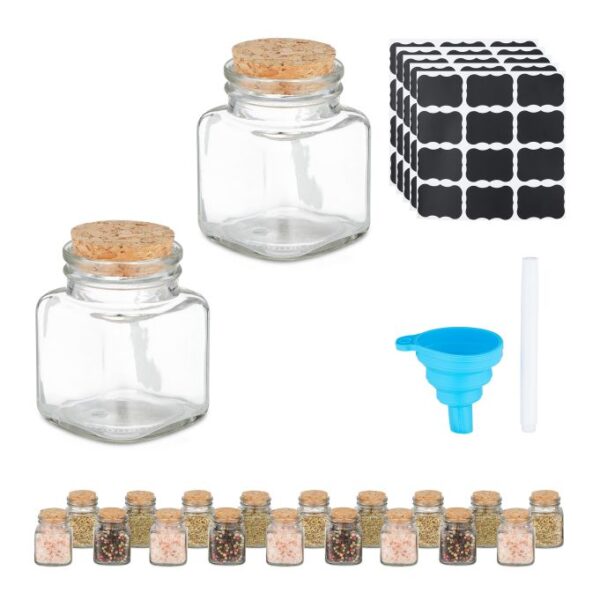 Rinkinys iš 20 skaidrių prieskonių indelių 7x5x5cm., šviesiai rudos spalvos