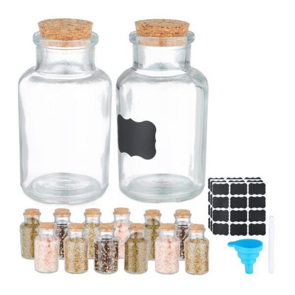 Rinkinys iš 14 skaidrių prieskonių indelių 11x5,5cm., šviesiai rudos spalvos