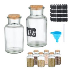 Rinkinys iš 8 skaidrių prieskonių indelių 13x6,5cm., šviesiai rudos spalvos